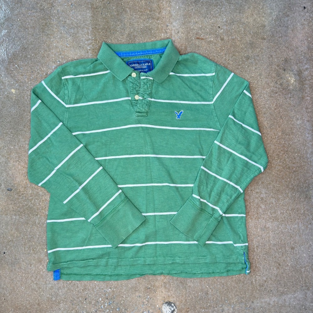 American Eagle Mens XXL Green Striped Long Sleeve Polo Shirt Eagle Logo Slub